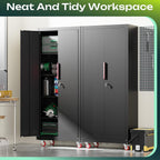 Kelueo 71" H Garage Storage Cabinet with Wheels,Metal Cabinets with 4 Adjustable Shelves and 2 Locking Doors for Garage,Home,Office,Shop,Black