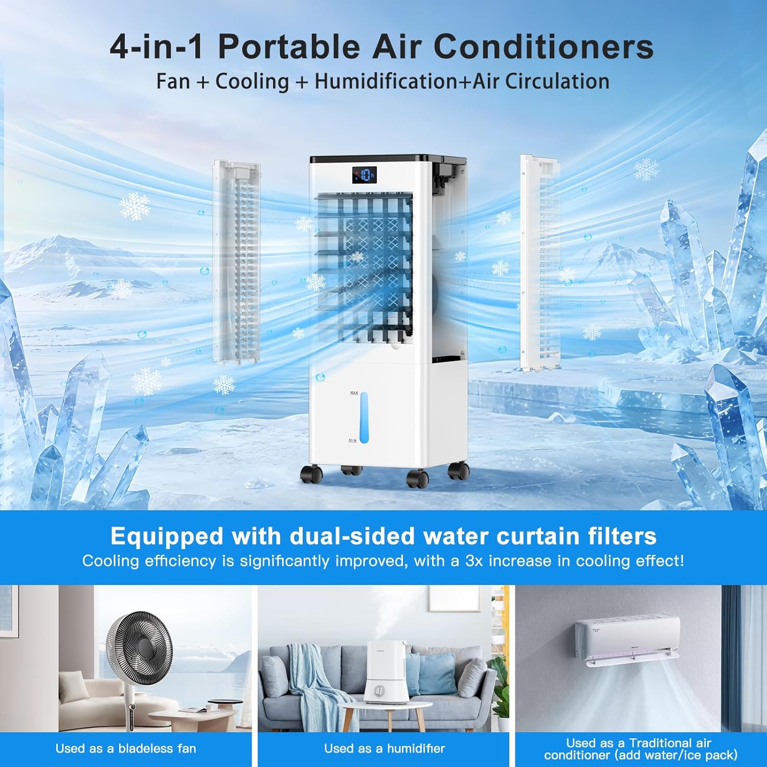 Portable Air Conditioners, 4-IN-1 Evaporative Air Cooler, Portable AC Unit w/ 4 Modes & 3 Speeds, Swamp Cooler w/ 12H Timer & Remote, Fast Cooling Room Air Conditioner for Bedroom Home Office Garage