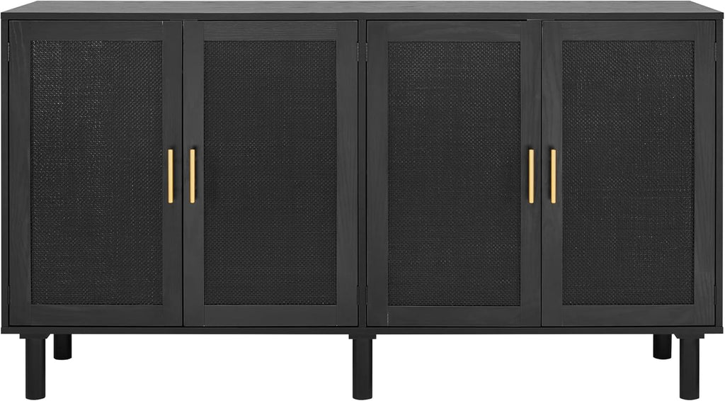 Finnhomy 4 Door Sideboard Buffet Cabinet, Kitchen Storage Buffet with Black Painted Rattan Decorated Doors, Cupboard Console Table, Boho Accent Liquor Cabinet, 62.3X 15.7X 34.6 Inches, Full Black