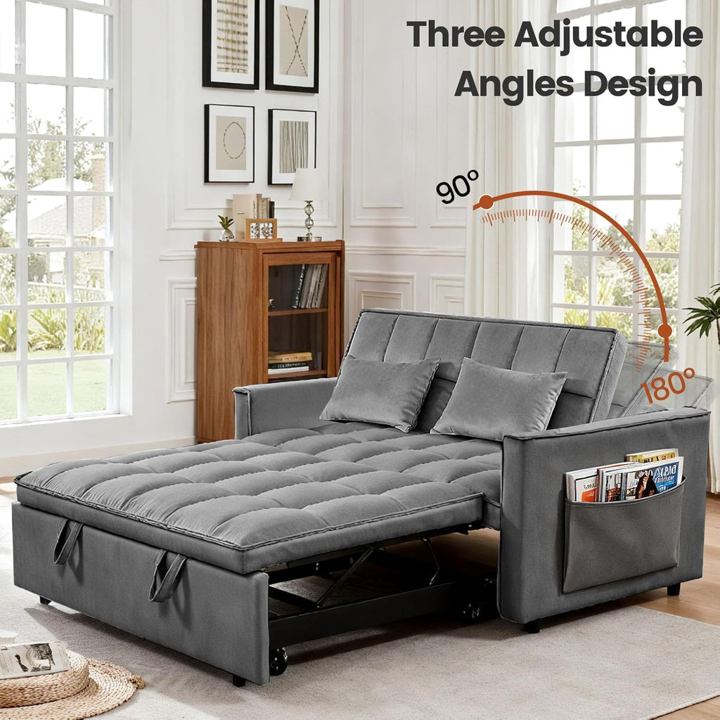 Convertible Sofa Bed, Pull Out Couch with Side Pockets, 3 in 1 Velvet Fabric Loveseat Sleeper Sofa Bed, Pull Out Couch with Adjustable Backrest for Living Room, Bedroom, Apartment, Deep Gray