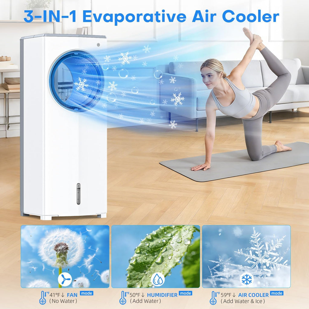 Windowless Portable Air Conditioner, 30" Evaporative Air Cooler w/Dual Tanks for 24H Cooling, 4 Modes & 3 Speeds, 28FT Remote&Timer, 360° Rotation Swamp Cooler Air Conditioner for Bedroom