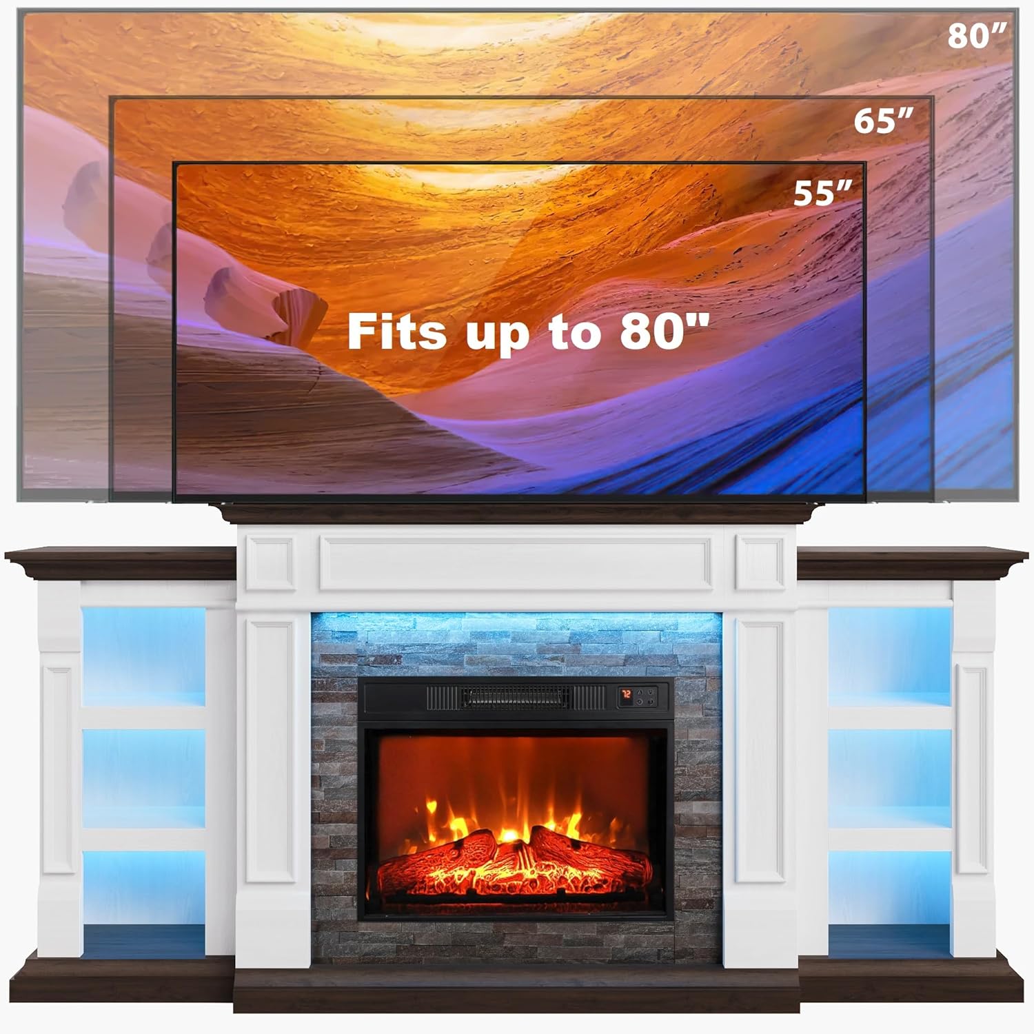 72" Electric Fireplace with Mantel and Cabinets, Fireplace TV Stand for Living Room Bedroom, LED Light, Stacked Stone Surround and Remote Control 3D Realistic Flame