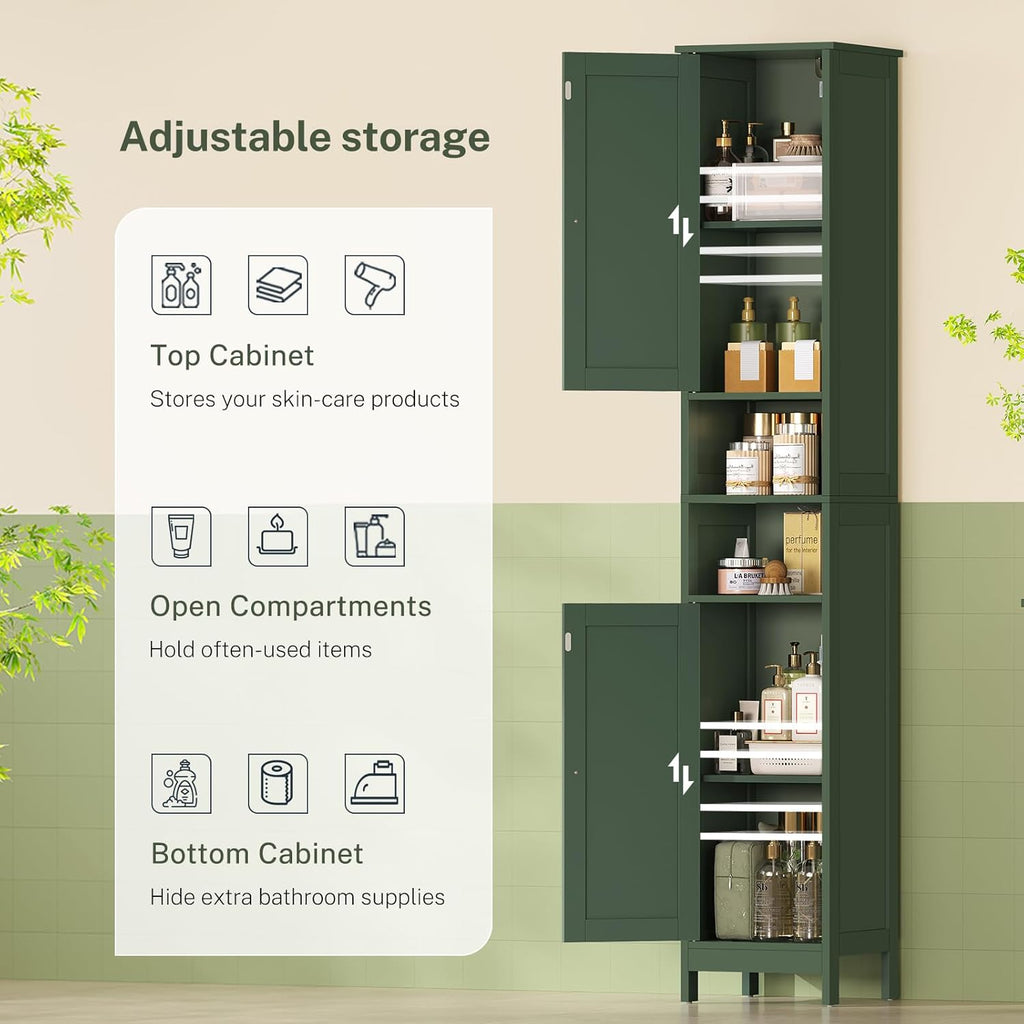 TEENFON 67" Tall Bathroom Cabinet with Adjustable Shelves and Doors, Narrow Bathroom Storage Cabinet for Small Space, Living Room, Entryway, Kitchen, Green