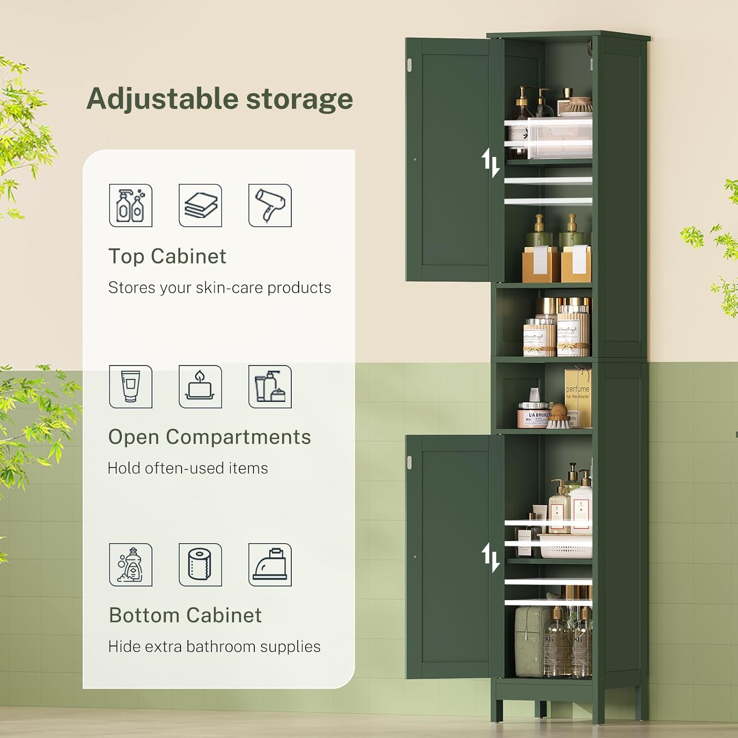 TEENFON 67" Tall Bathroom Cabinet with Adjustable Shelves and Doors, Narrow Bathroom Storage Cabinet for Small Space, Living Room, Entryway, Kitchen, Green