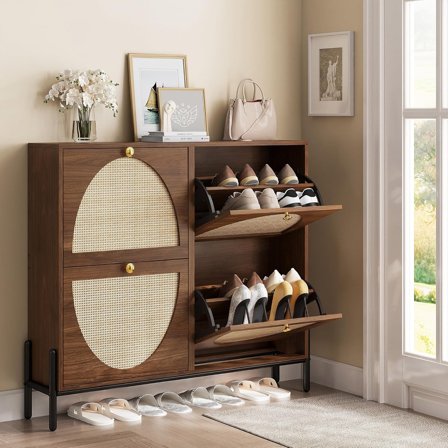 IRONCK Rattan Shoe Cabinet Storage with 4 Flip Drawers, Freestanding Shoe Storage Organizer Cabinet for Entryway, Narrow Shoe Rack Cabinet, Walnut