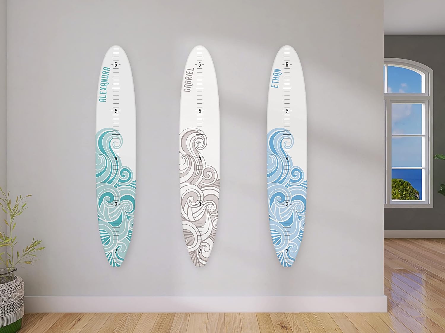 Headwaters Studio Surf Board Growth Chart - Wooden Surfboard Decor Small Surfboard Baby Growth Chart for Wall Grow Chart Baby Wall Growth Chart Baby Measuring Board - White w/Blue Wave - 57"x10"x1/4"