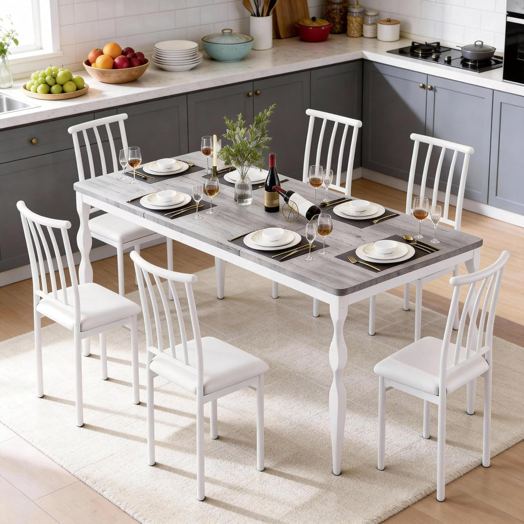 78" Modern Dining Table with Heavy-Duty Metal Legs, Farmhouse Kitchen Table for 6-8 Family, Gray Wood Top with Spindle Design for Dining Room, Home Office, Apartment