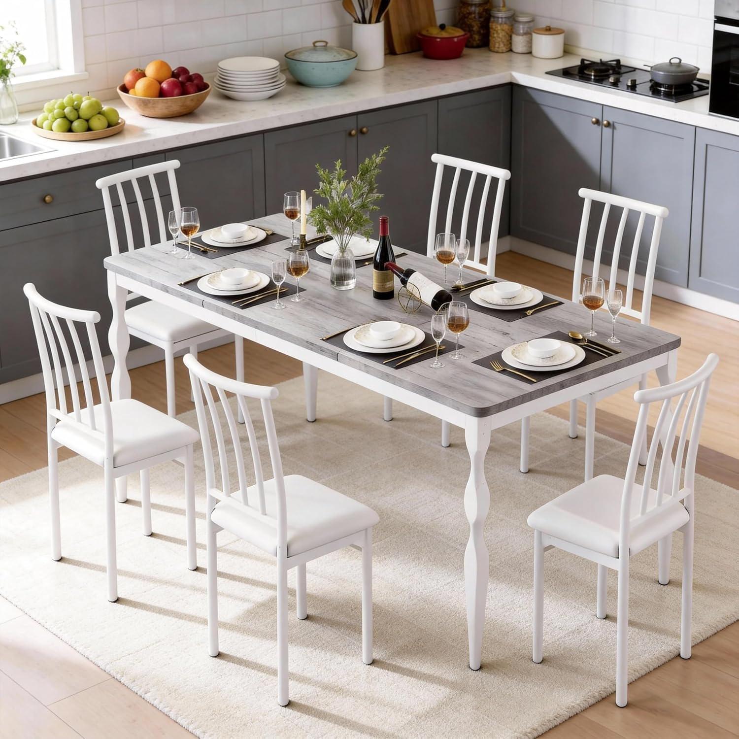 78" Modern Dining Table with Heavy-Duty Metal Legs, Farmhouse Kitchen Table for 6-8 Family, Gray Wood Top with Spindle Design for Dining Room, Home Office, Apartment