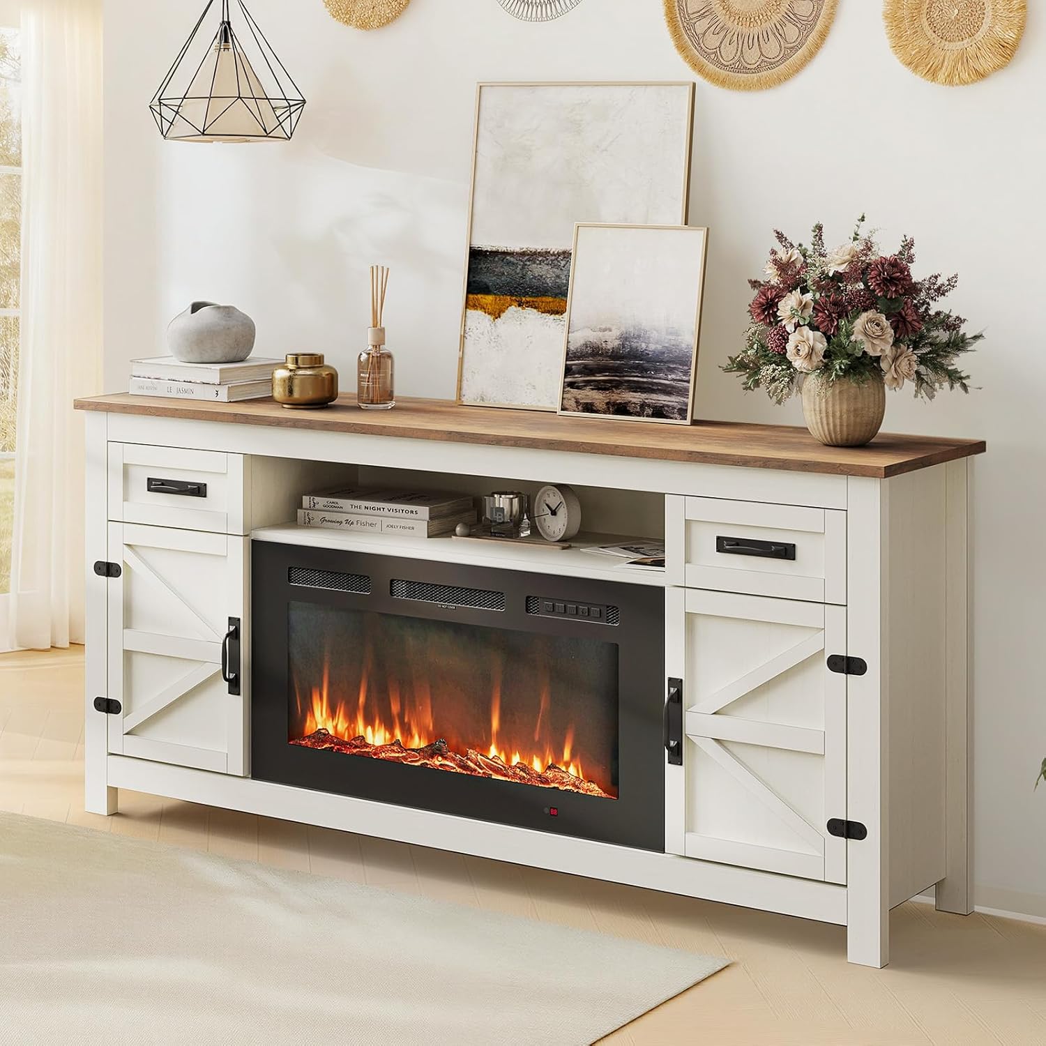 Fireplace TV Stand, 70" Farmhouse TV Stand with Barn Door for 80" TVs, Entertainment Center with Black Fireplace & Storage, White