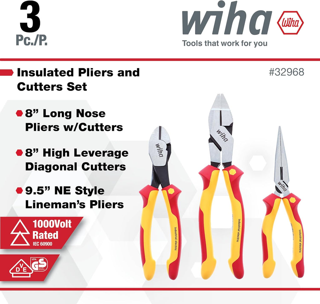 Wiha 32968 3 Piece Insulated Industrial Grip Pliers and Cutters Set, Red