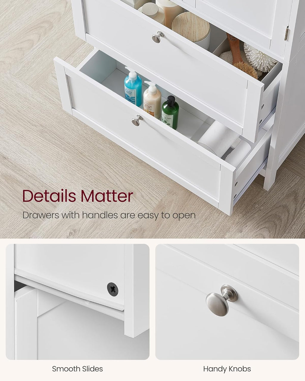 VASAGLE Bathroom Floor Storage Cabinet, Bathroom Storage Unit, Freestanding Cabinet with 2 Drawers and 2 Doors, Adjustable Shelf, 11.8 x 23.6 x 43.3 Inches, White UBBC551WH01S