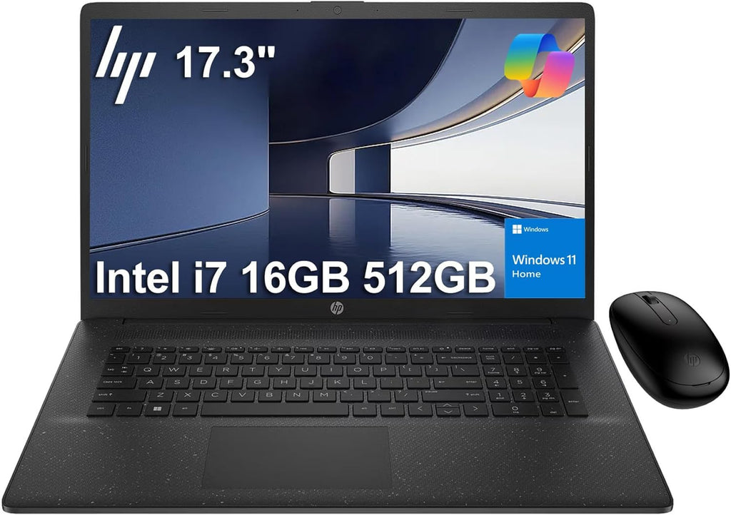 HP 17 Laptop (17.3" HD+ BrightView  Intel 10-Core i7-1355U  16GB RAM  512GB SSD  Narrow Bezel) for Business  Enterprise  Students  Long Battery Life  Wi-Fi  Webcam  Fast Charge  IST Mouse  Win 11 Home