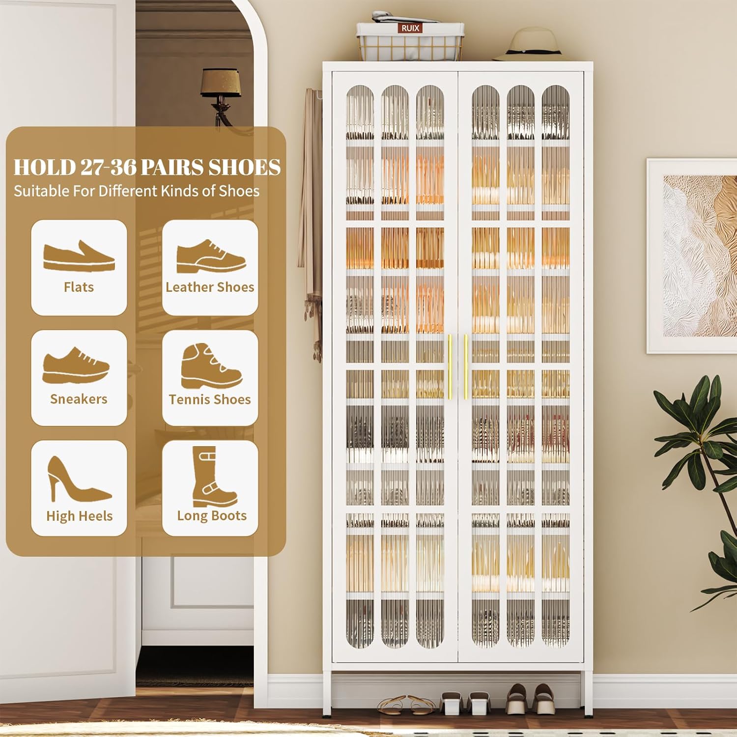 9-Tier Large Metal Shoe Storage Cabinet with Fluted Acrylic Doors & 8 Adjustable Shelves, Holds 27-36 Pairs, 67" Tall Shoe Organizer Rack for Entryway, Hallway, Cloakroom (White)