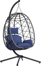 SWITTE Hanging Egg Chair with Stand, Outdoor Indoor Rattan Wicker Egg Swing Chair with Cushion, Heavy Duty Patio Hammock Chairs for Garden Backyard Balcony Bedroom, 400LBS Capacity, Dark Blue