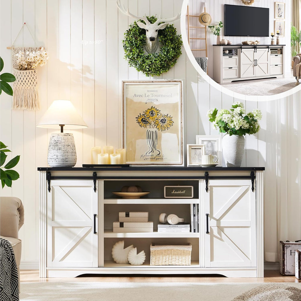 LINGMU Farmhouse TV Stand for 75 80 Inch TV, 32" Tall Entertainment Center w/4 Drawers & Sliding Barn Door, Rustic Media Console w/Storage Shelves, 66" Wood Television Stand for Living Room, Off White