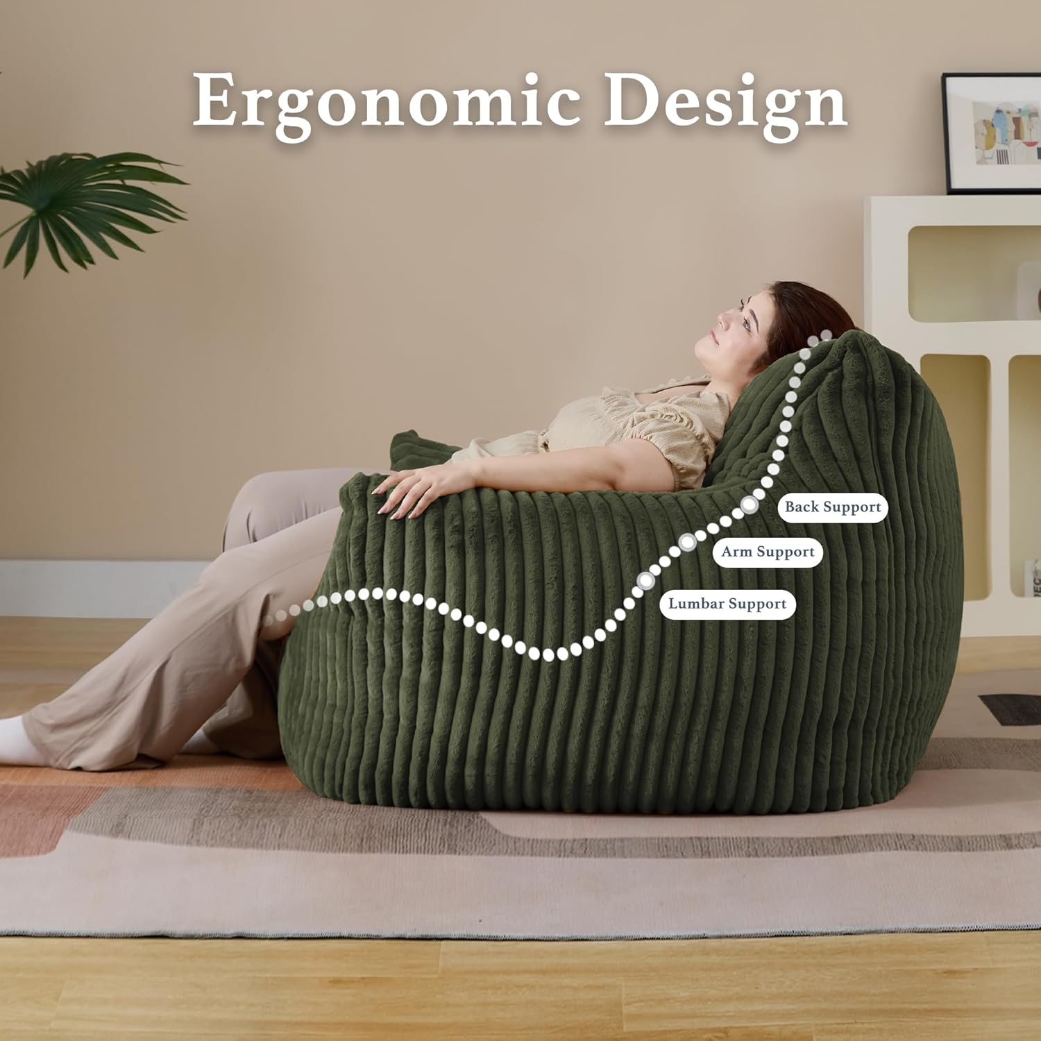 Gericco Giant Plush Bean Bag Chair for Adults with Armrests - Oversized Comfy Green Beanbag Lounge Lazy Floor Sofa Accent Chair for Living Room, Bedroom & Dorm, Cozy Fluffy Single Cloud Mini Couch