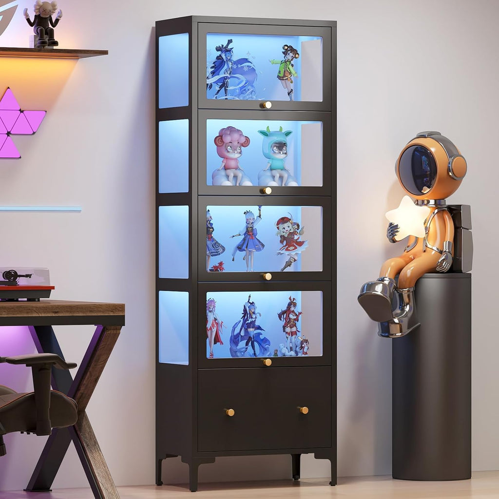 Display Cabinet with Glass Doors, 67" Metal Curio Cabinet with Drawer & 13-Color RGB LED Lights, 5-Tier Glass Display Case for Collectibles, Figure, Toys, Books, Black