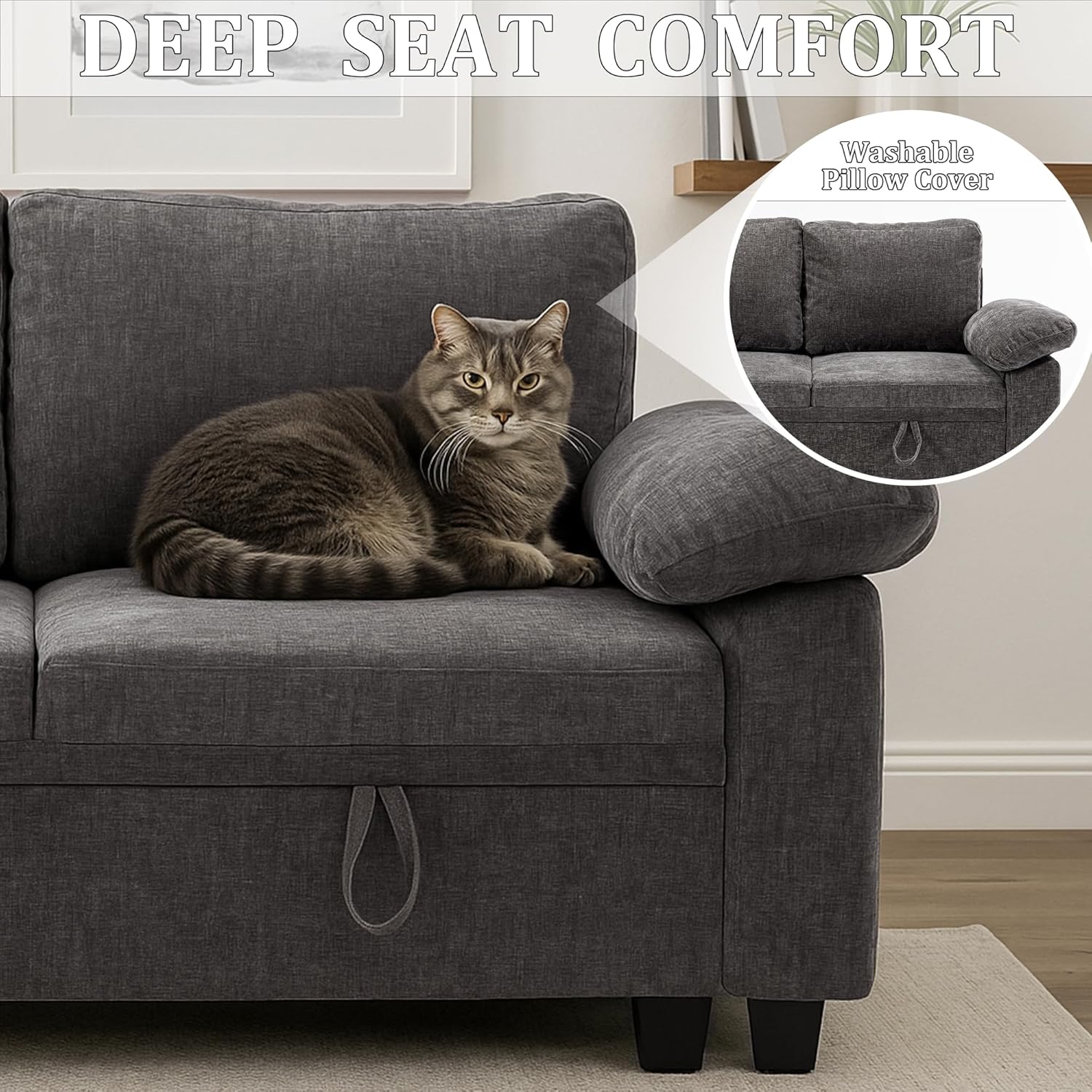 108 Inch Sectional Sleeper L Shaped Sofa with Pull Out Bed, 7 Seat Modular Sectional Sofa with Storage, Modern Chenille Cloud Couch, Sectional Couches for Living Room, Gray