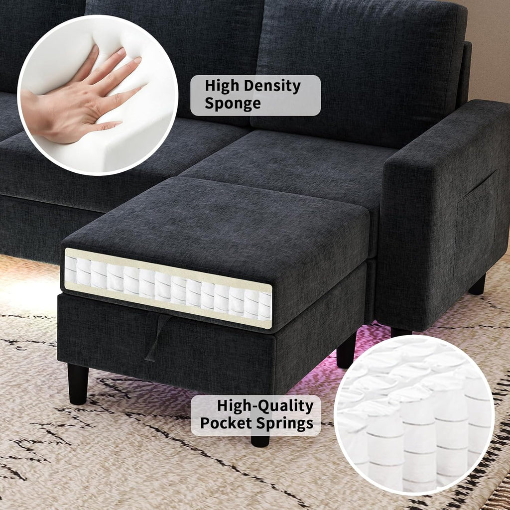Sectional Couches for Living Room, 6 Seat Chenille Sectional Sofa with Smart Module-Wireless Charging/USB/Type-C/RGB Light, U Shaped Couch with 2 Movable Storage Ottomans (Dark Grey)