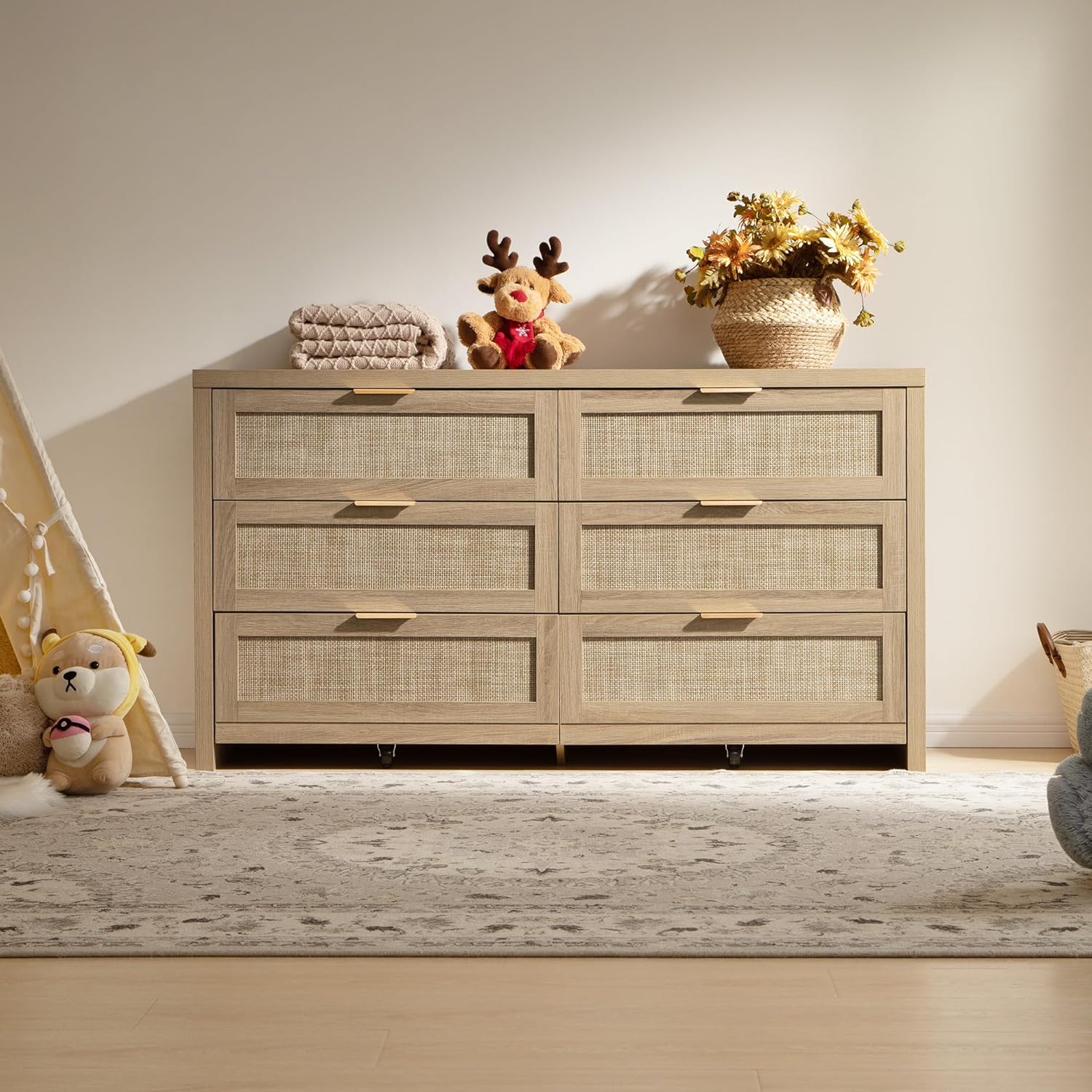 SICOTAS Rattan Dresser for Bedroom, 57" Wide 6 Drawer Dresser with Ample Storage, Dressers Large Chest of Drawers, Closet, Boho TV Stand for Bedroom (Reclaimed Light Oak, 1 Piece)