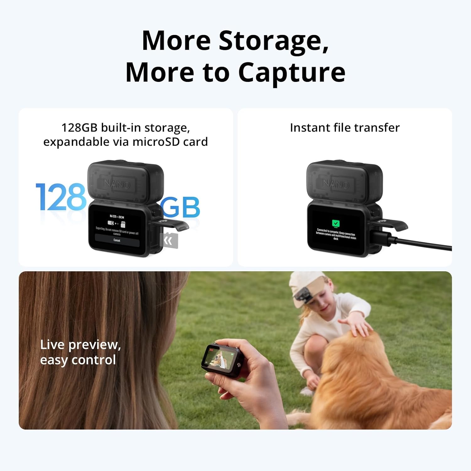 DJI Osmo Nano Standard Combo (128GB) - Small 4K/60fps Vlogging Camera with a 1/1.3″ Sensor  143° Wide FOV Video  200-Min Recording  Swift Content Transfer  Magnetic POV Cam 4K for Sports  Vlog