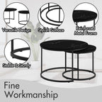 Nesting Coffee Table Set of 2, 27.6inch Round Coffee Table Wood Marble Pattern Top with Sturdy Metal Frame, End Table Side Tables for Living Room Bedroom Balcony Yard (Black),CFT2601