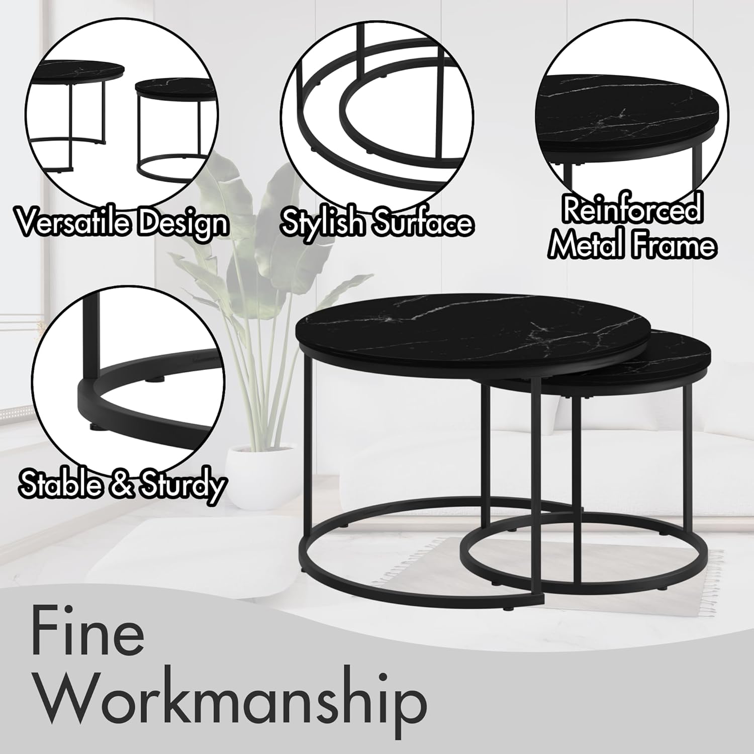 Nesting Coffee Table Set of 2, 27.6inch Round Coffee Table Wood Marble Pattern Top with Sturdy Metal Frame, End Table Side Tables for Living Room Bedroom Balcony Yard (Black),CFT2601