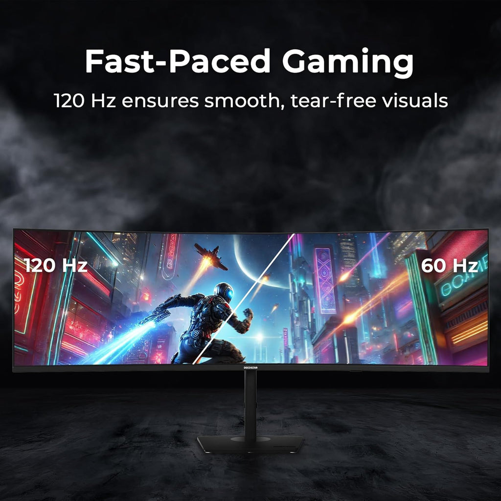 Deco Gear 49″ Curved Ultrawide Dual-QHD Monitor | 5120×1440 32:9 HDR400 | 120Hz VA Panel | USB-C 65W PD  FreeSync  PBP/PIP  KVM Switch | Built-in Speakers & Ergonomic Stand