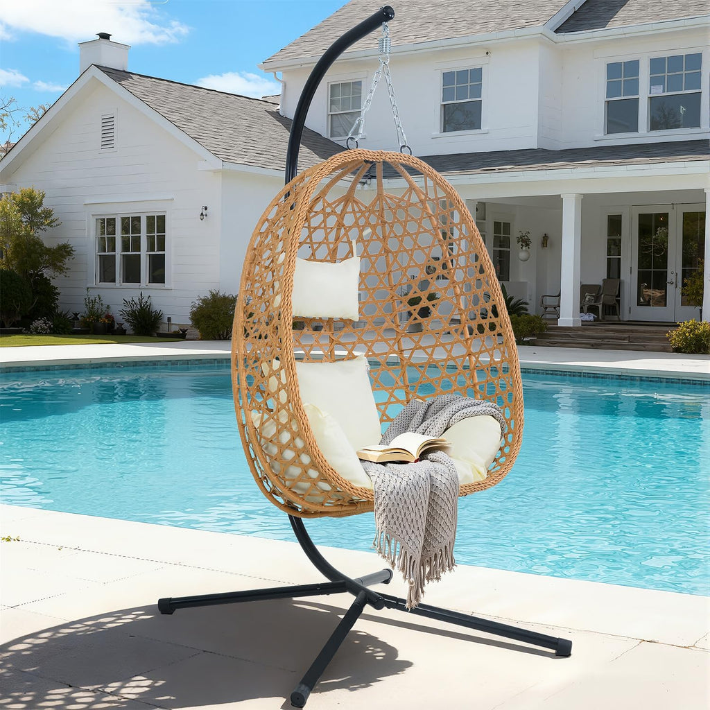 EortheX Hanging Egg Chair with Cushions – Comfortable Rattan Swing Chair with Stand for Patio, Garden, or Balcony – Stylish and Relaxing Outdoor Lounge Chair, 350LBS Capacity Indoor Outdoor (Beige)
