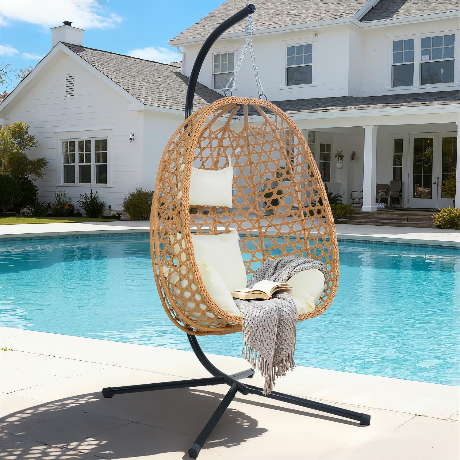 EortheX Hanging Egg Chair with Cushions – Comfortable Rattan Swing Chair with Stand for Patio, Garden, or Balcony – Stylish and Relaxing Outdoor Lounge Chair, 350LBS Capacity Indoor Outdoor (Beige)