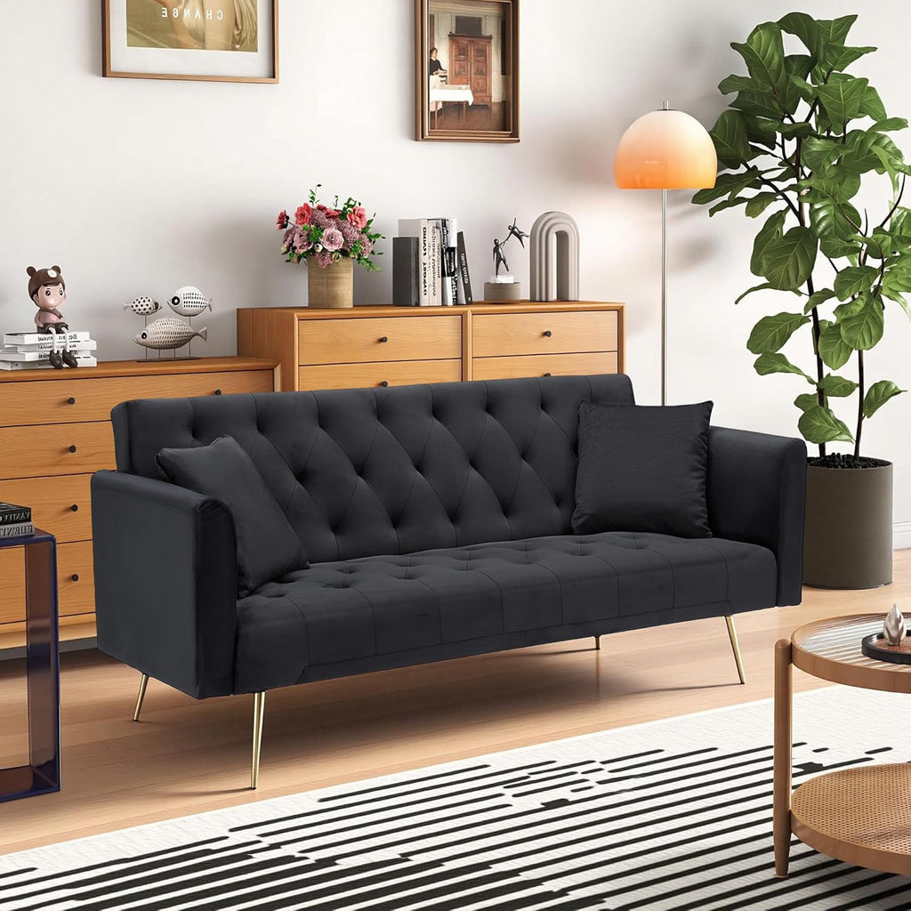 Anwick 72" Modern Velvet Sofa Bed Futon,Convertible Folding Sleeper Bed Couches with 3 Adjustable Backrests,Tufted Recliner Loveseat with Golden Chrome Legs for Small Living Room Office (Black)