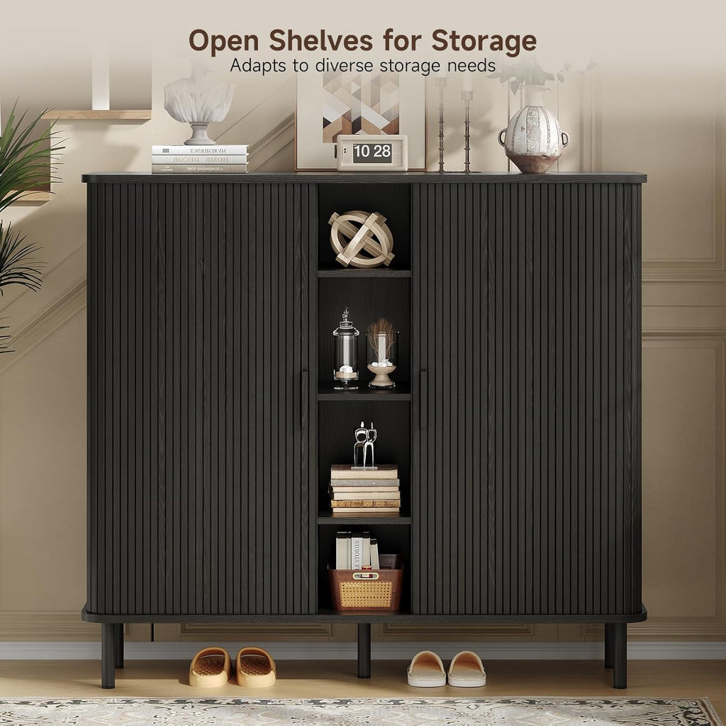 ONBRILL 43" Tall Fluted Shoe Cabinet with 8 Adjustable Shelves, Shoe Storage Cabinet with Sliding Door and 4 Open Shelves, Mid-Century Modern Shoe Organizer for Entryway, Hallway, Living Room, Black