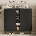 ONBRILL 43" Tall Fluted Shoe Cabinet with 8 Adjustable Shelves, Shoe Storage Cabinet with Sliding Door and 4 Open Shelves, Mid-Century Modern Shoe Organizer for Entryway, Hallway, Living Room, Black