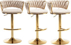 Gold Bar Stools Set of 3, Counter Height Bar Chairs with Low Back, Velvet Adjustable Height Barstools, 360° Swivel Bar Stools for Kitchen Island, Pub (Beige)