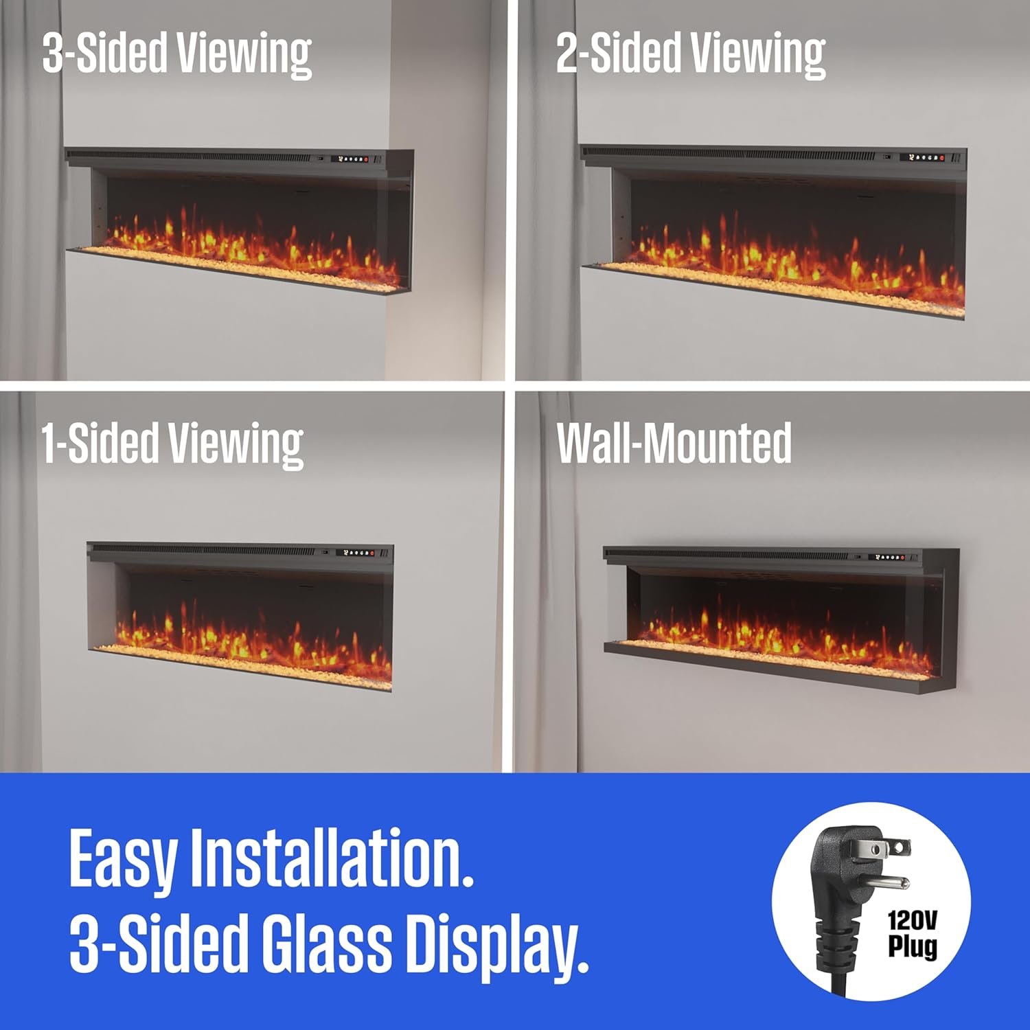 Westinghouse 60inch Electric Fireplace, Realistic Flame&Log Set, Compatible with Alexa & Google Home, Wall Mount or Recessed, 24 Hour Timer, Color Changing Flames, 750W/1500W Indoor Heater (60inch)
