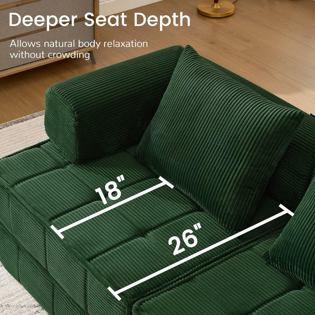 6-in-1 Convertible Sleeper Sofa Bed, Corduroy Folding Mattress Couch with Fixed-Shape Frame, Modular Foldable Boneless Couch, Loveseat Couches with 2 Pillows, for Living Room, Bedroom, Green