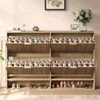 47.2''W Oak Shoe Storage Cabinet for Entryway with 4 Flip Drawers, Narrow Wood Fluted Shoe Rack Cabinet,Freestanding Slim Shoe Organizer Cabinet for Foyer, Hallway