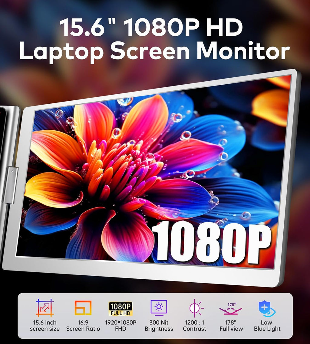 FOPO 15.6" Laptop Screen Extender Monitor Portable  Quad Monitor  Just 1 Cable for 3 Screens  FHD 1080P IPS Laptop Extender Compatible with Wins/Mac for 13.6" - 17.3" Laptops