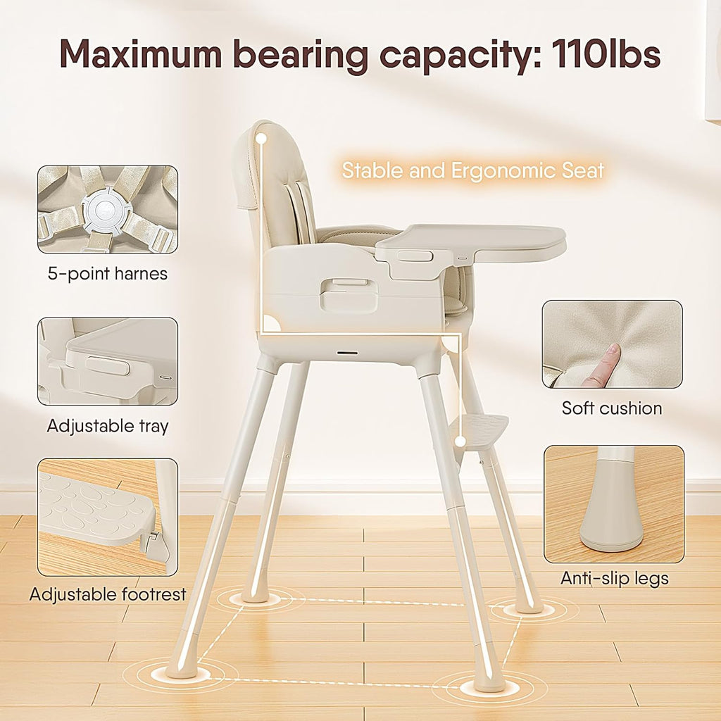 Obee Odee 3-in-1 Portable Baby High Chair for Babies and Toddlers, Convertible Easy Clean Infant Foldable Highchair with Adjustable Legs & Dishwasher Safe Tray, Beige