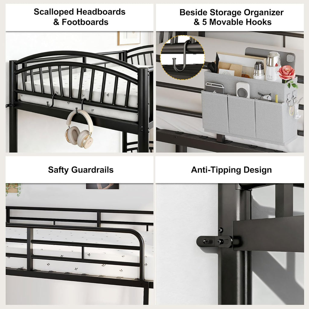Metal Bunk Bed Twin Over Twin, Heavy Duty Industrial Bunkbeds for Teen with Bedside Caddy, Convertible Ladder & Flat Rungs, Space Saving Bunkbed Frame for Bedroom Dorm, No Box Spring Needed