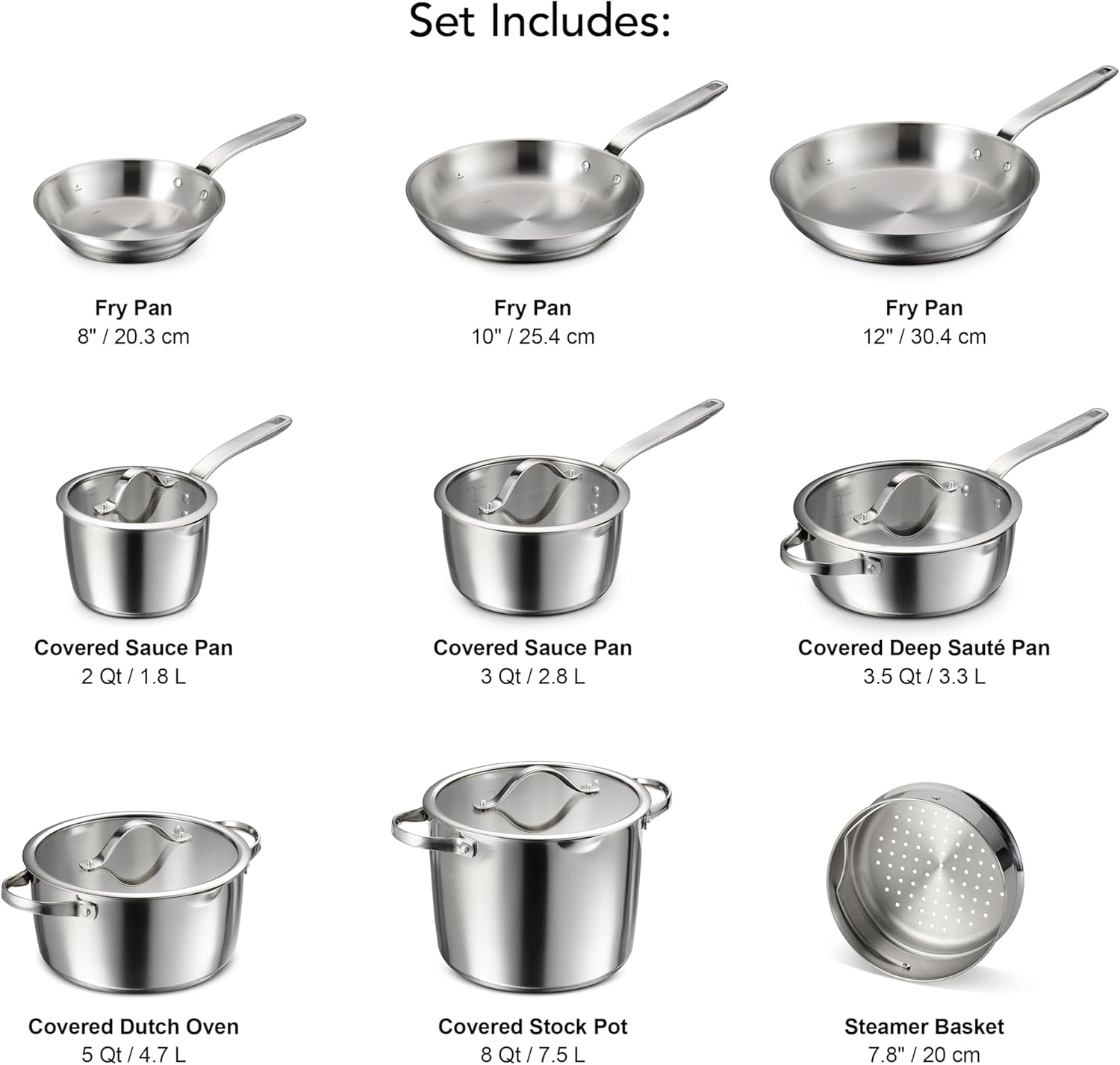 Tramontina Tempo Tri-Ply Base Stainless Steel 14-Piece Cookware Set with Glass Lids, Pots and Pans Kitchen Set, Induction-Ready, Oven-Safe, Dishwasher-Safe