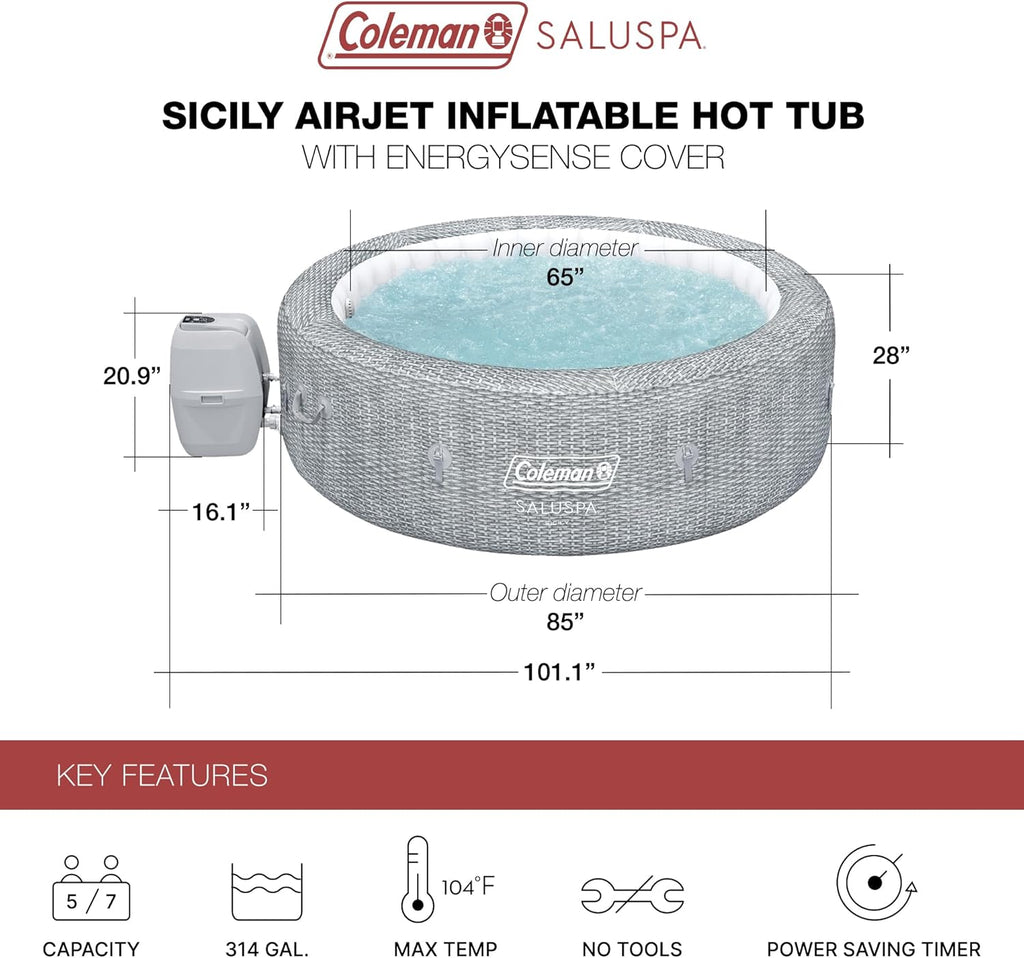 Coleman Sicily AirJet Large Round 5 to 7 Person Inflatable Hot Tub Portable Outdoor Spa with 180 AirJets and EnergySense Cover  Grey