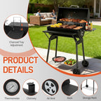 VINGLI Upgraded Barrel Charcoal Grill with Side Front Tables, Adjustable Charcoal Tray BBQ Grill Outdoor Smoker Grill with Wheels for Party Garden Patio and Backyard Cooking 39''D × 24''W × 46''H