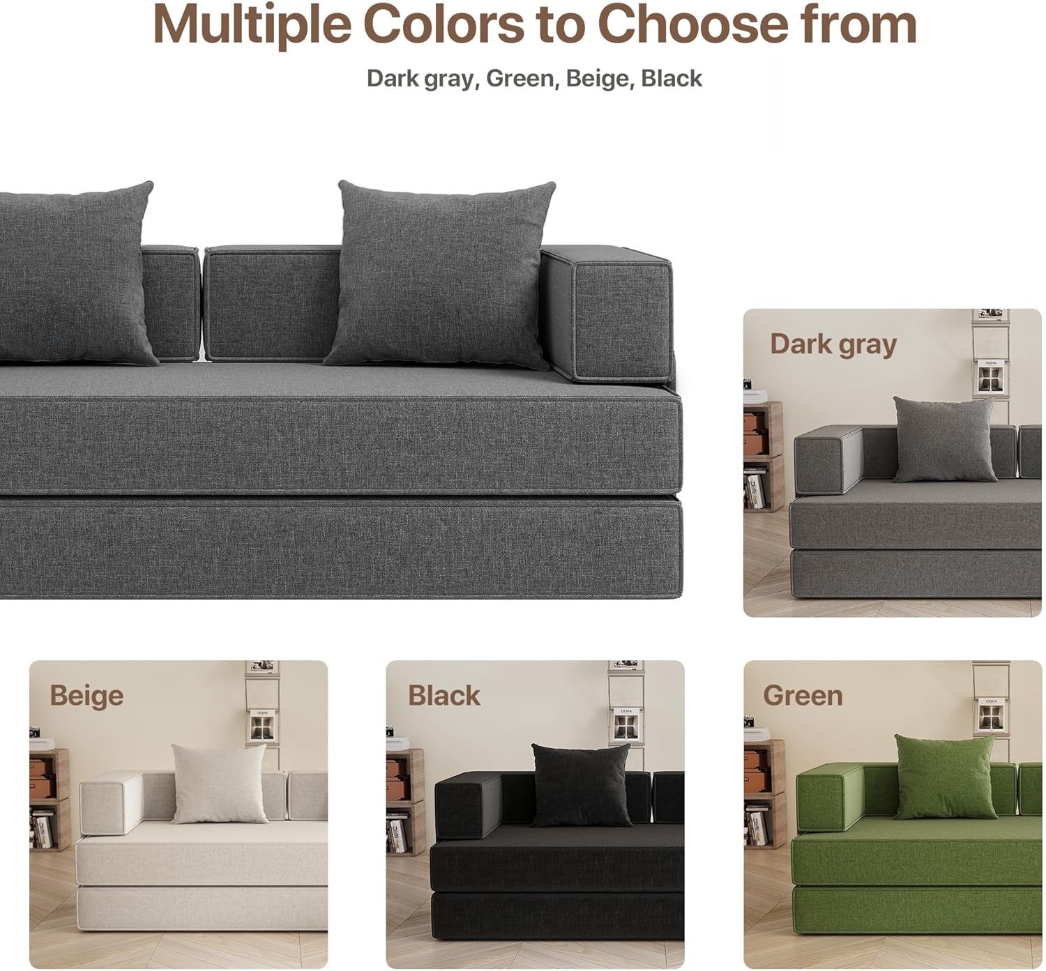 4-in-1 Convertible Sofa Bed, 82“ Compression Sofa with Chenille Fabric Pull Out Sleeper Sofa with 2 Pillows & 4 Side Pockets for Living Room Bedroom Apartment, No Assembly Required, Dark Grey