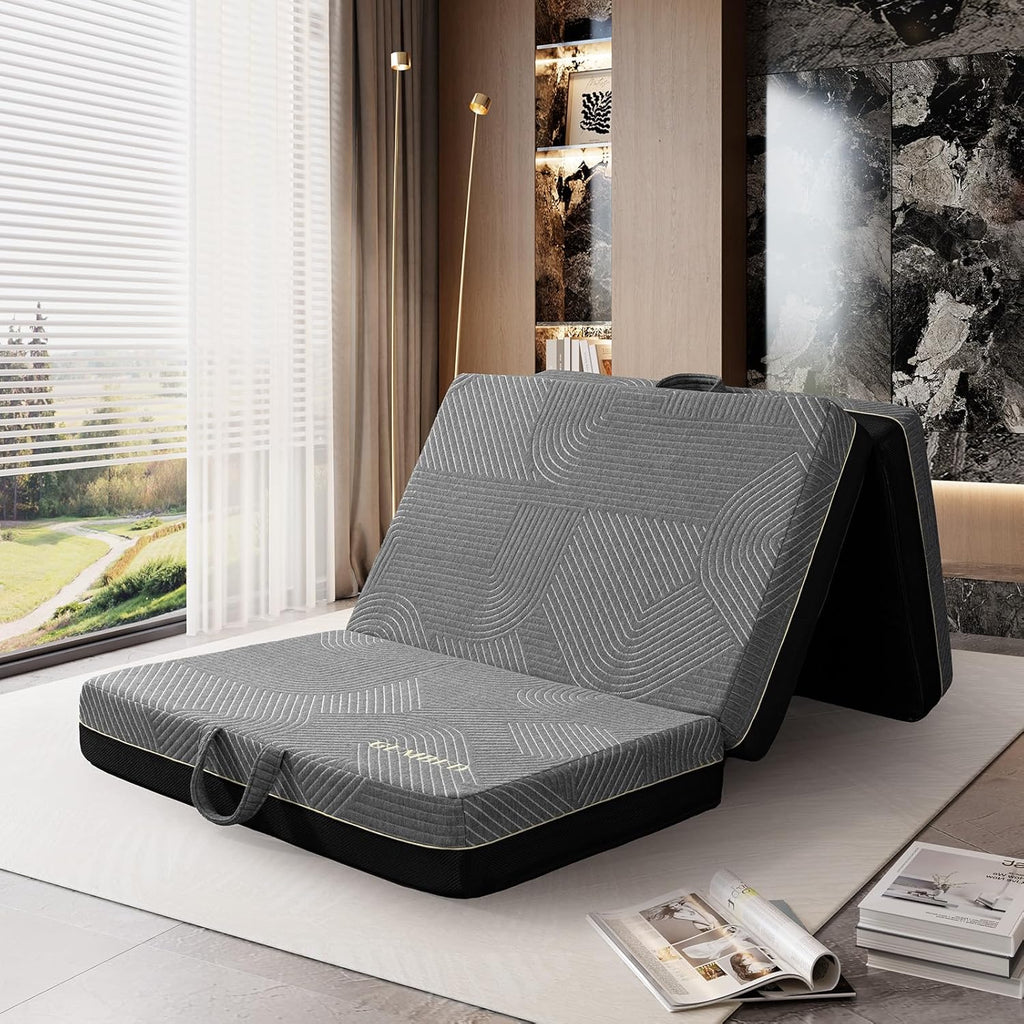 Tri Folding Memory Foam Mattress Full Size - Handle & Non-Slip Bottom, Portable Foldable Sofa Bed Floor Chair for Travel RV Camping Guest Yoga - 6 Inch, 73"x52"x6"