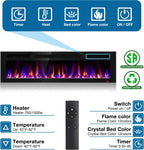 60 Inch Electric Fireplace Recessed and Wall Mounted, Fireplace Heater and Linear Fireplace, Ultra-Thin Electric Fireplace, Low Noise, with Timer, Remote Control, Adjustable 12 Flame Color, 750/1500W