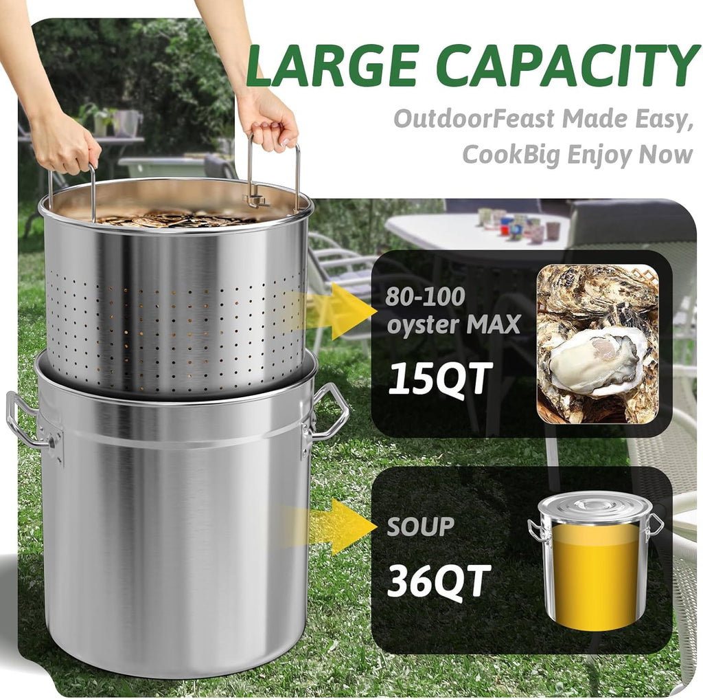 36-Quart Stainless Steel Seafood Boil Pot with Lid,Crab, Lobster, Shrimp Boil Stock with Strainer, Turkey Fryer Pot, Stock Boiler Deep,Fried Cooker for Commercial Outdoors
