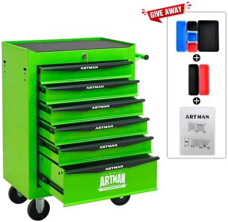 Iron-Top Rolling Tool Chest with Lockable Wheels and Side Handles, 7-Drawer Tool Storage Cabinet with Ball Bearing for Garage, Repair Shop, Required Assembly, Large Storage Capacity (Iron, 6-Green)