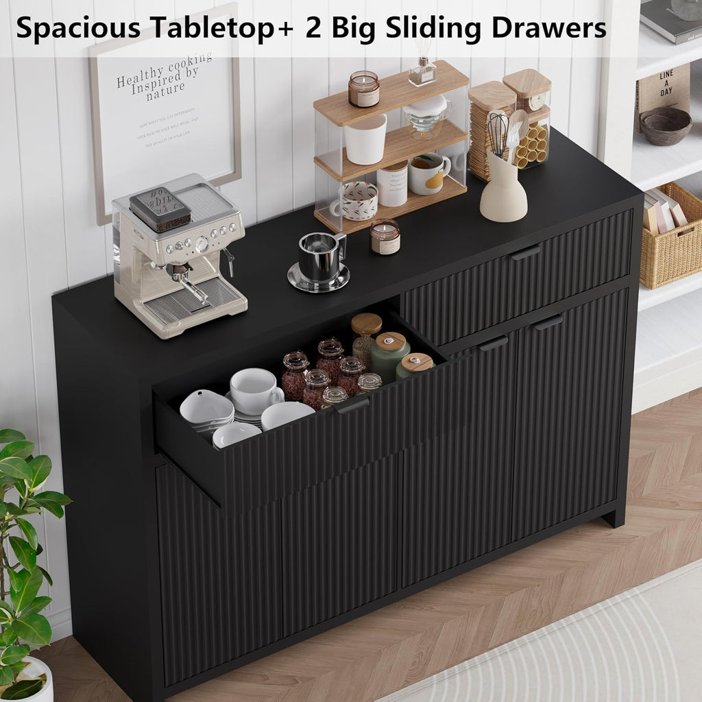 Fluted Sideboard Buffet Cabinet with Storage and Large Drawers, 55" Credenza Storage Cabinet for Living Room & Entryway, Farmhouse Buffet Table with Adjustable Shelves, Console Cabinet, Balck