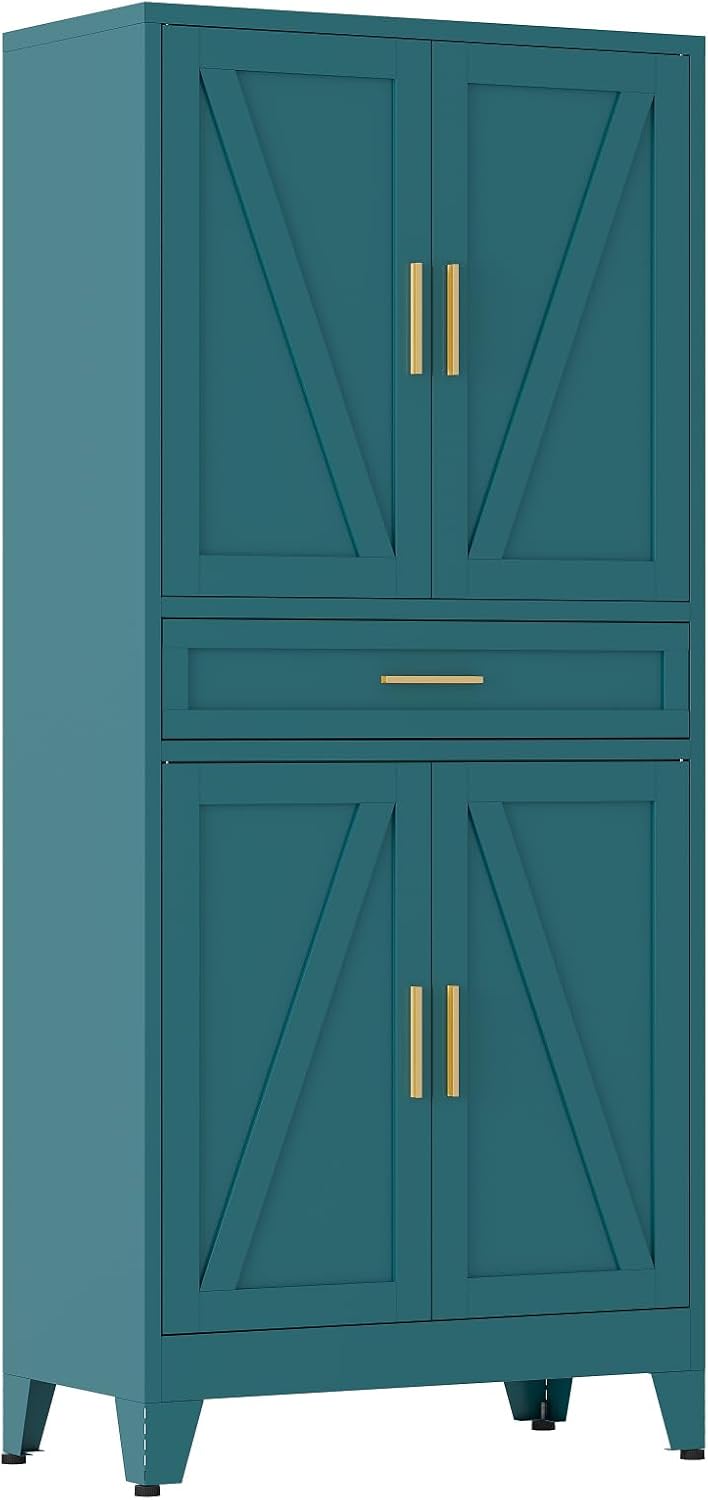 QINPTWUT 71" Farmhouse Pantry Cabinet in Blue, with 4 Doors & Center Drawer, Tall Food Cabinet with Adjustable Shelves, Freestanding Steel Cupboard for Kitchen, Dining Room, Pantry, Garage